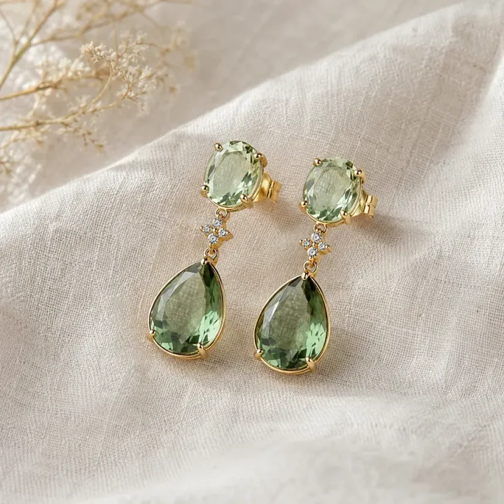 Matching gemstone drop earrings on pale linen