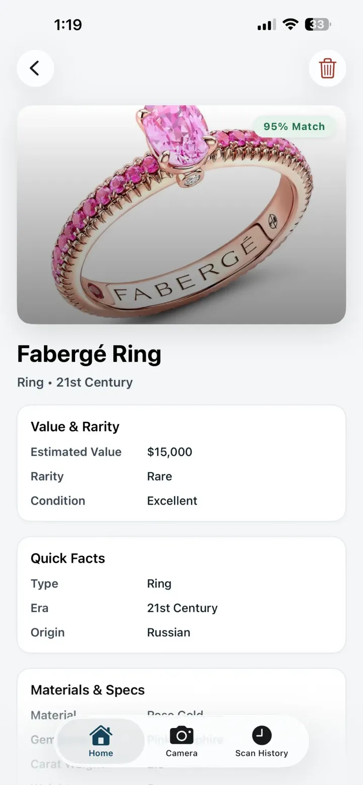 GemPeek result screen showing value, rarity, quick facts, and materials for a ring