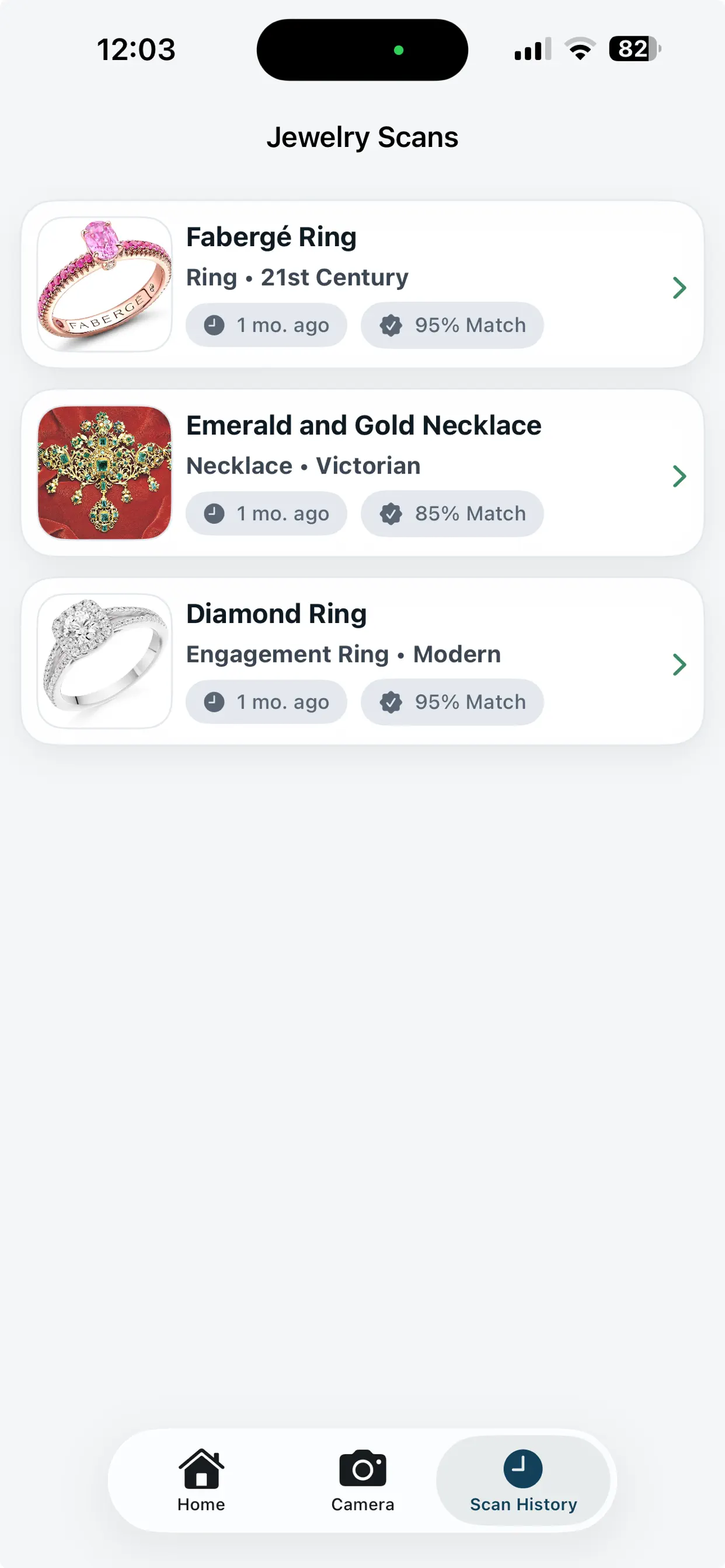 GemPeek scan history screen with saved jewelry results