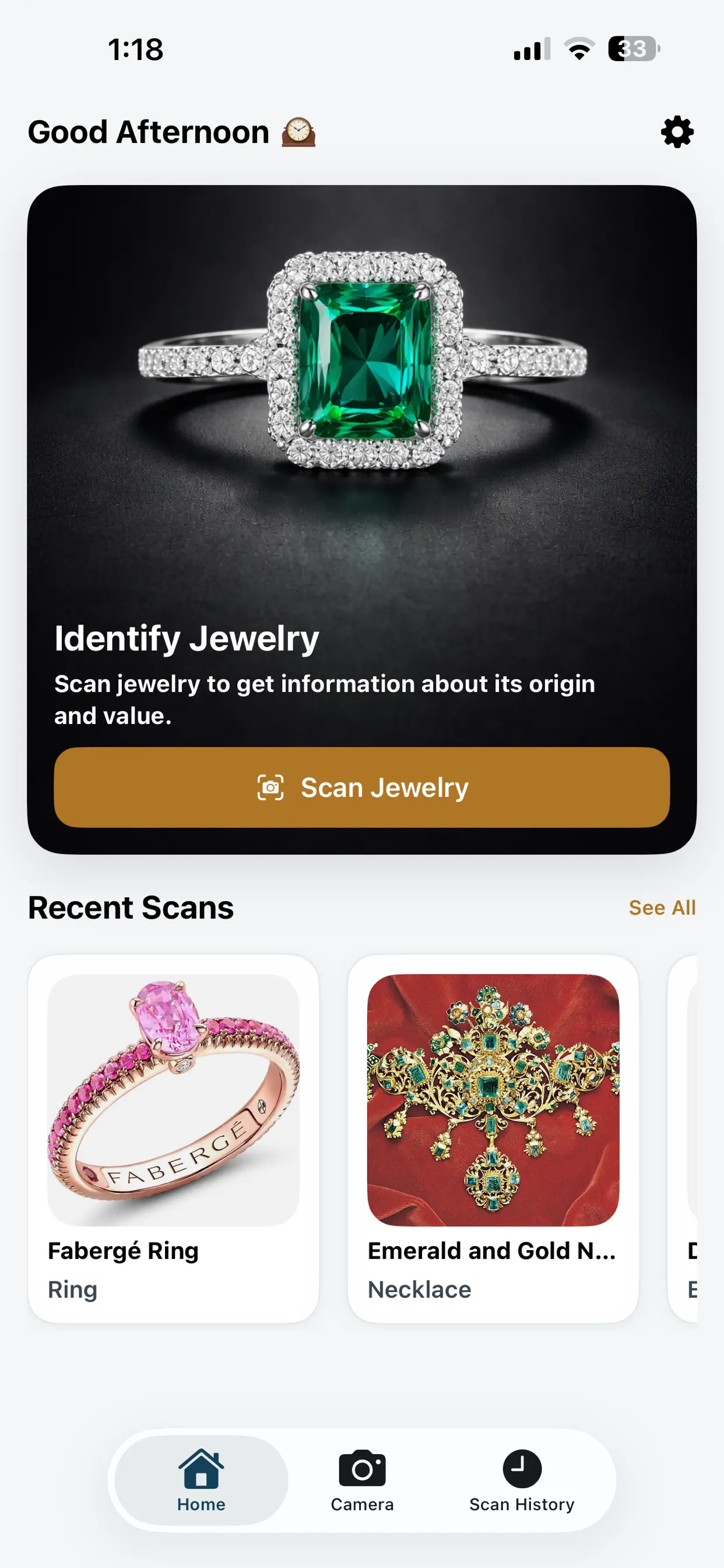 GemPeek home screen with scan button and recent jewelry scans