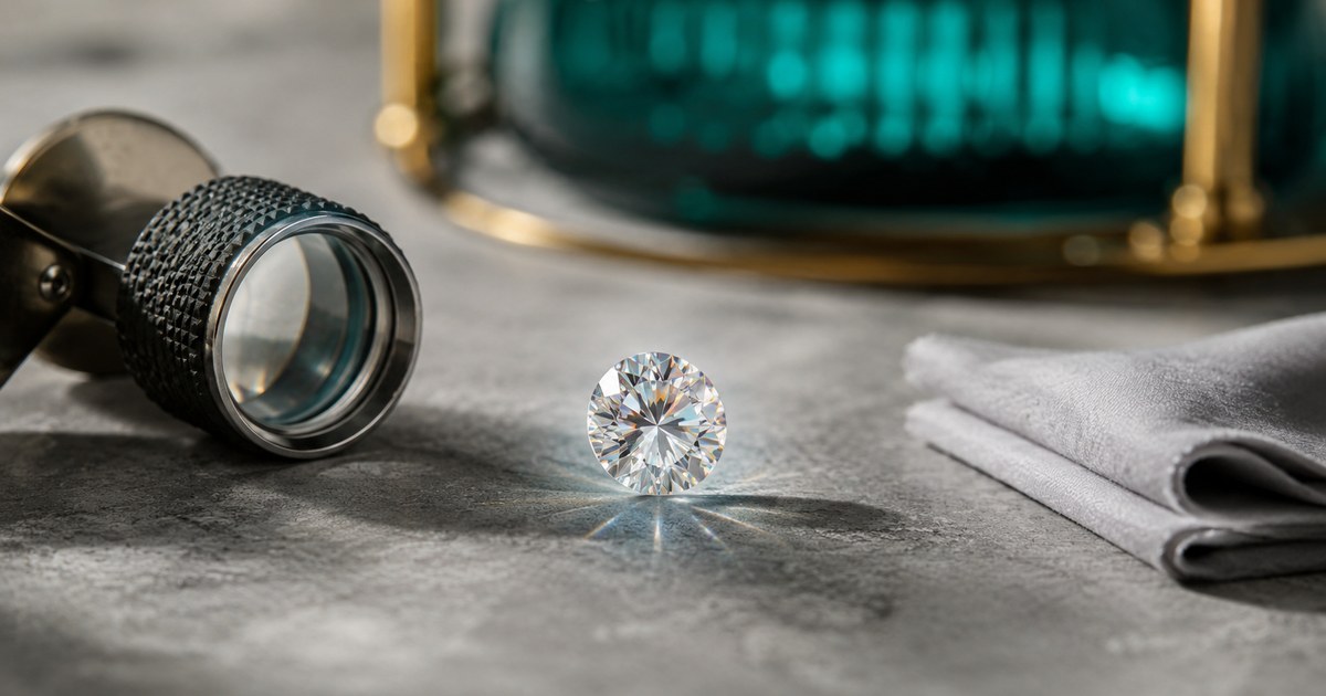 A clear brilliant-cut colorless gemstone upright on a grey stone surface beside a jeweler's loupe and a folded cloth
