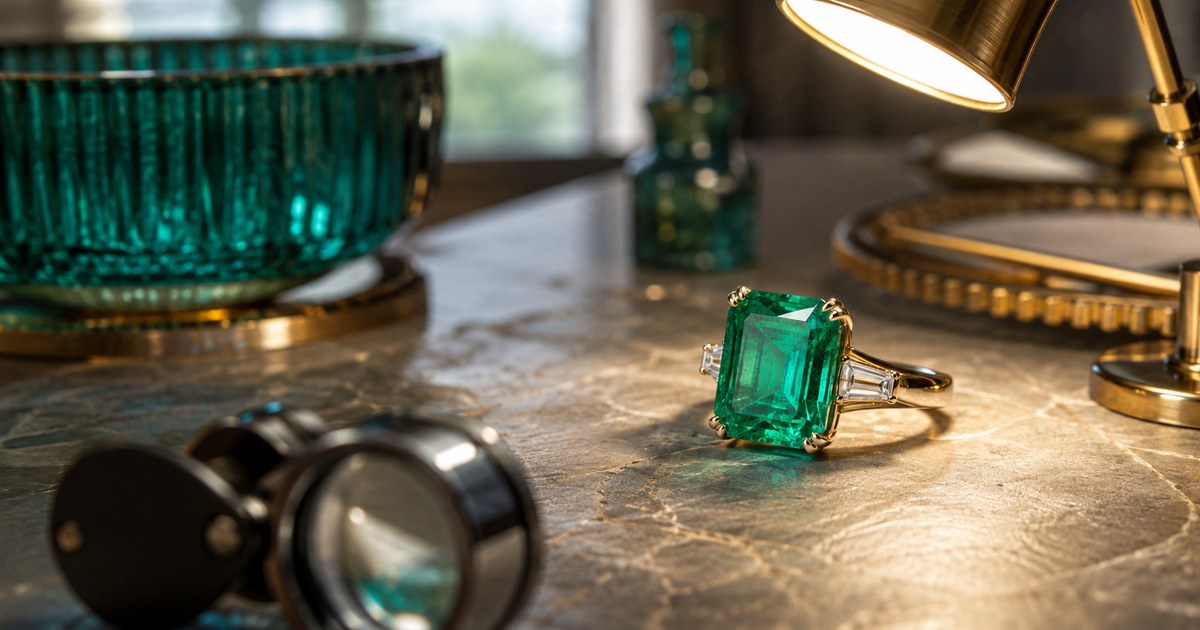 A faceted green emerald ring held at an angle under a desk lamp, showing the garden of inclusions inside the stone