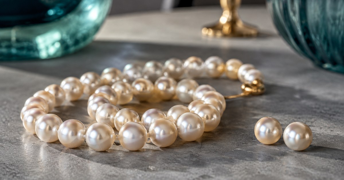 A strand of cream pearls coiled on a grey stone surface with two loose pearls beside it