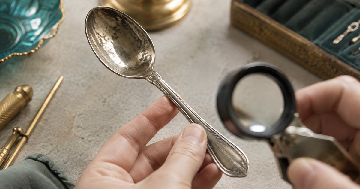 An antique silver spoon examined at an angle under a loupe, its engraved handle softly out of focus