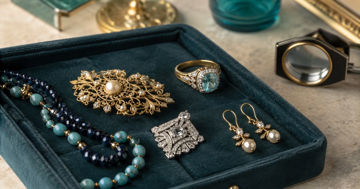 A velvet-lined tray holding an assorted brooch, beaded necklace, cocktail ring, and drop earrings of varied metal tones and eras
